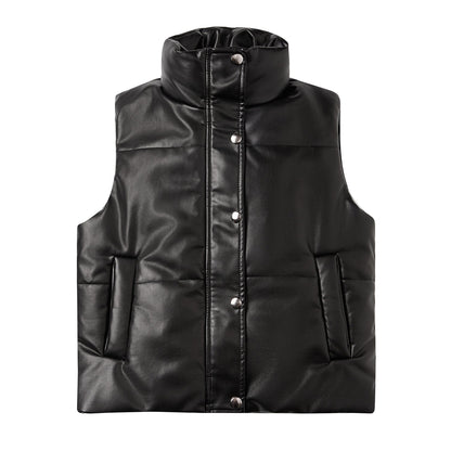 Quilted Vegan Leather Vest Jacket Black