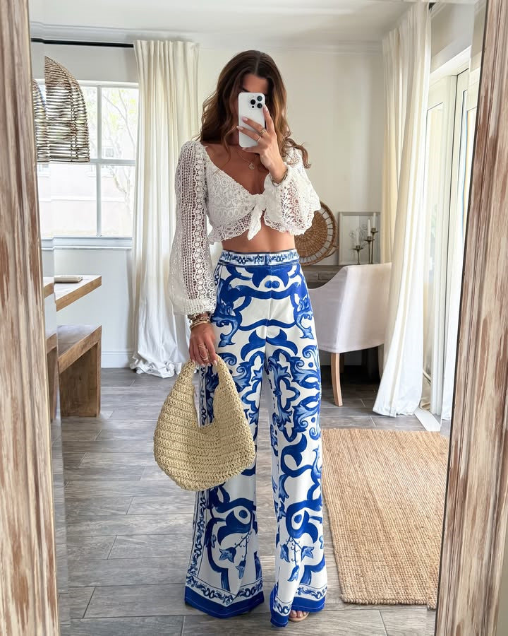 Blue Wide Leg Casual Pants Blue