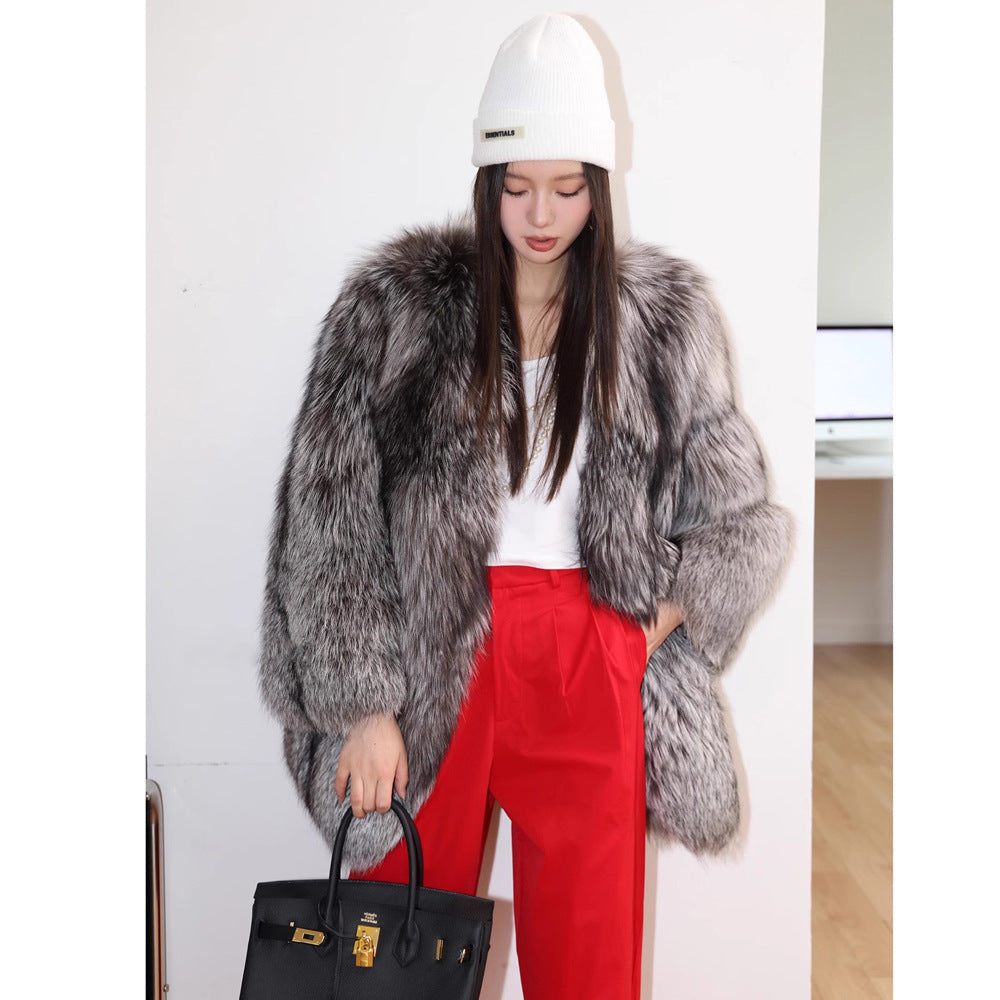 Silver Fox Fur Mid-Length Trench Coat