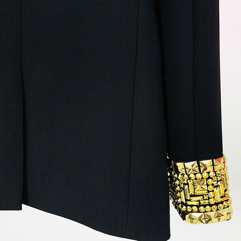 Embellished Beaded Cuffs One Button Mid-Length Blazer