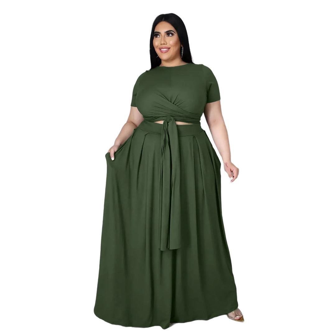 Curvy Solid Color Two-Piece Set Green