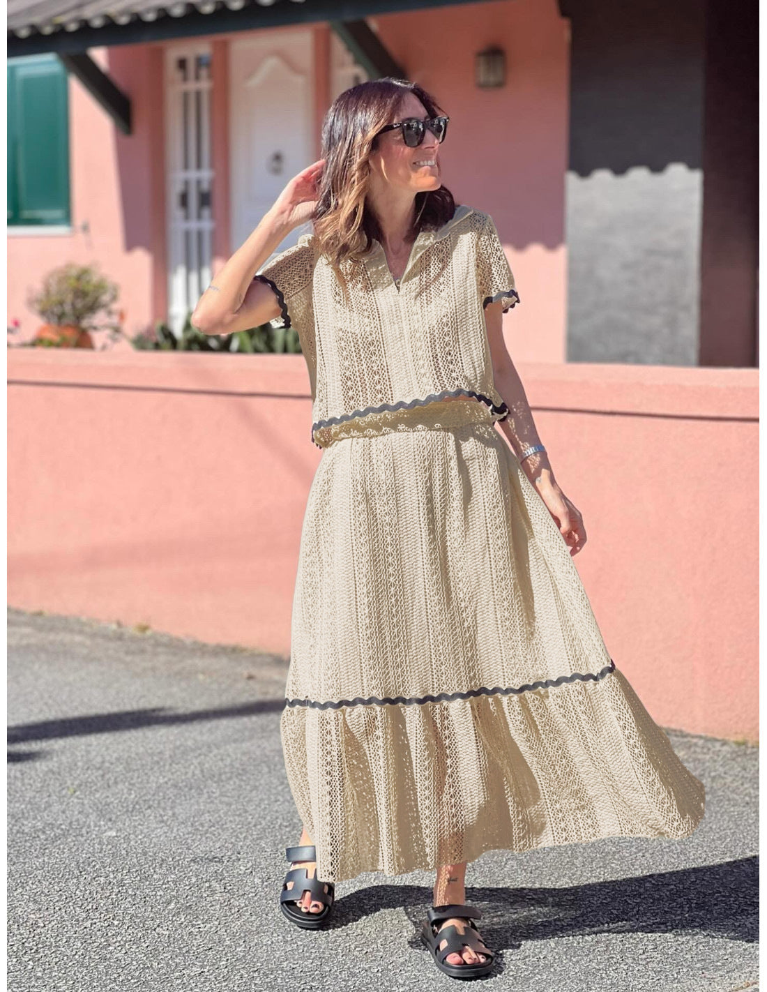 Summer Women Comfort Casual Shirt Collar Lace Skirt Set Apricot