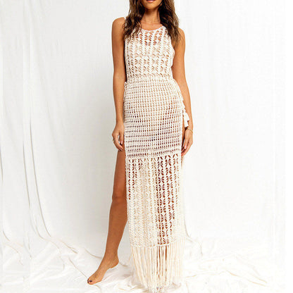Knitted Hollow Out Beach Cover up Sexy Slit Tassel Vacation Dress Bikini Cover One Size White