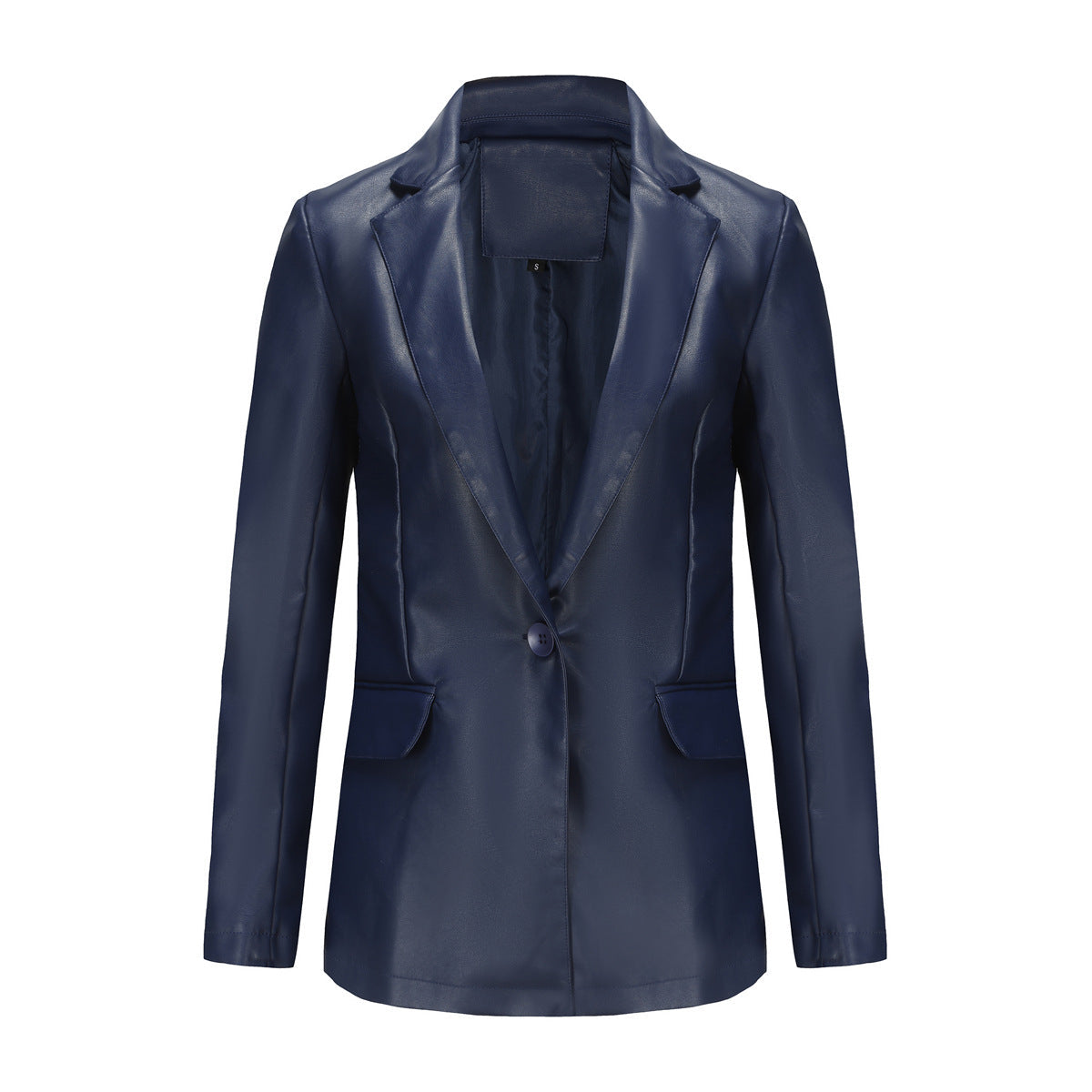 Small Long Sleeved Coat Women Single Button Office Casual Solid Color Leather Coat Navy Blue