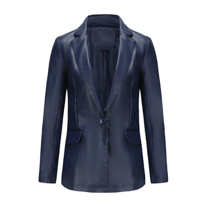 Small Long Sleeved Coat Women Single Button Office Casual Solid Color Leather Coat Navy Blue