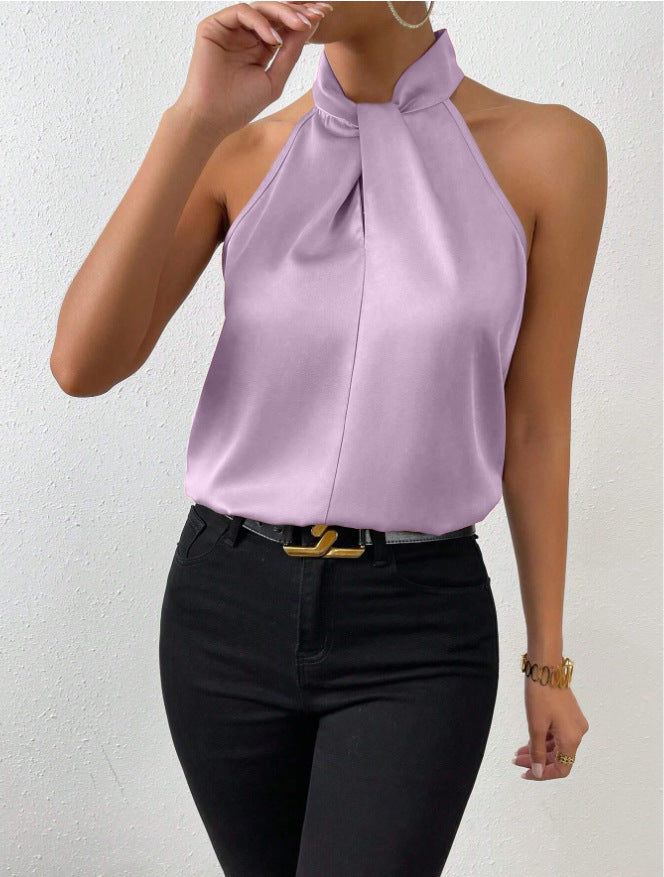Satin Halter Sleeveless Vest Top Lavender Purple