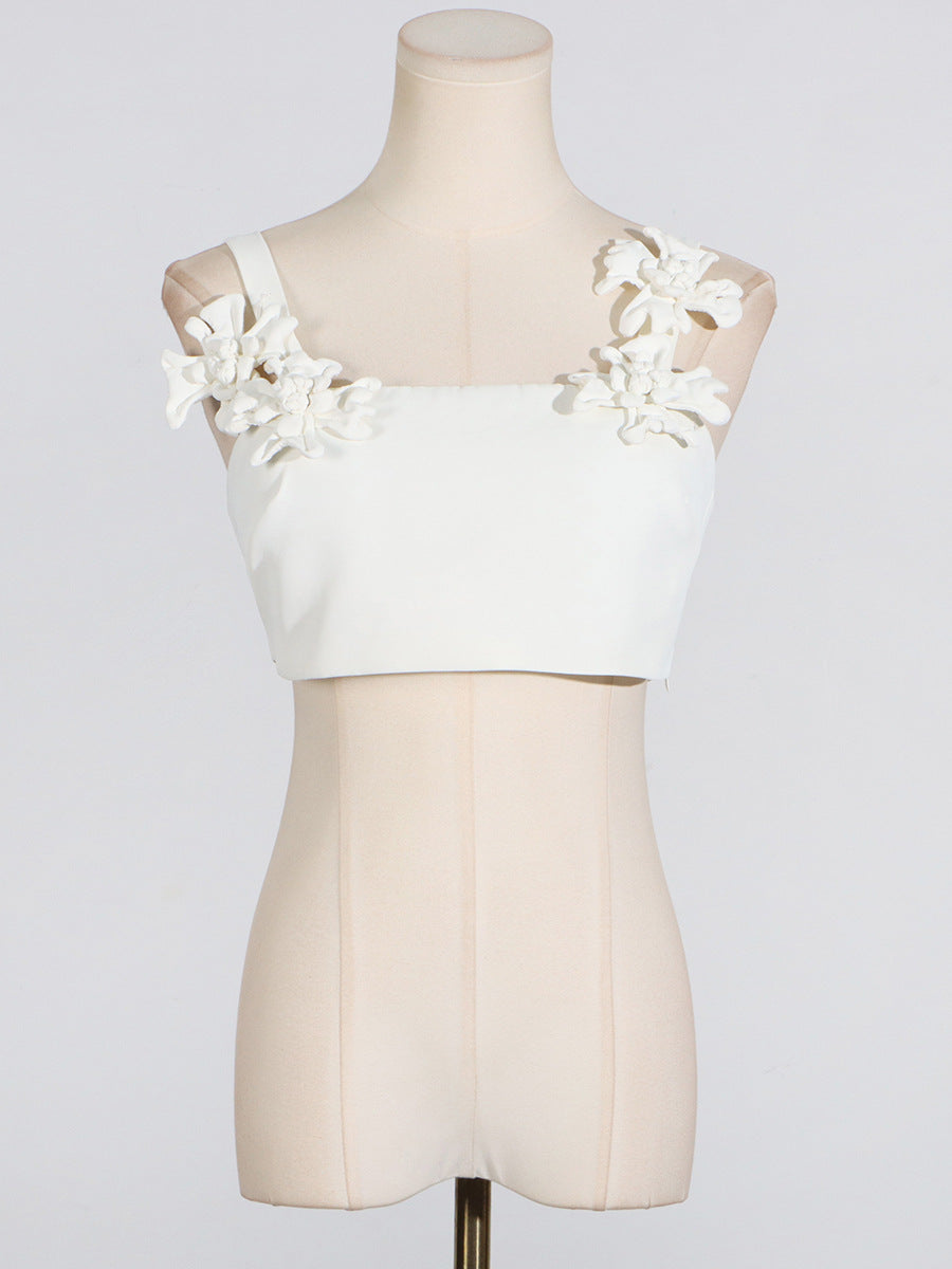 Sexy Sexy Two Piece Set Patchwork Three Dimensional Floral Shoulder Strap Vest High Waist Skirt Set Women XL White Vest