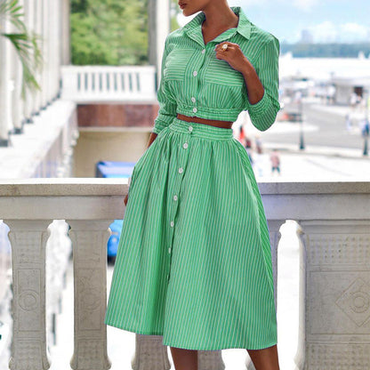 Casual Stylish Long Sleeves Striped Shirt Set Green