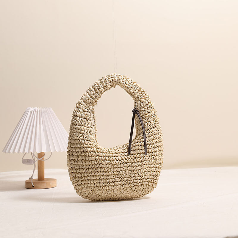 Chic Cute Versatile Handbag Hand Made with Natural Fibers One Size Moon Tassel Rice
