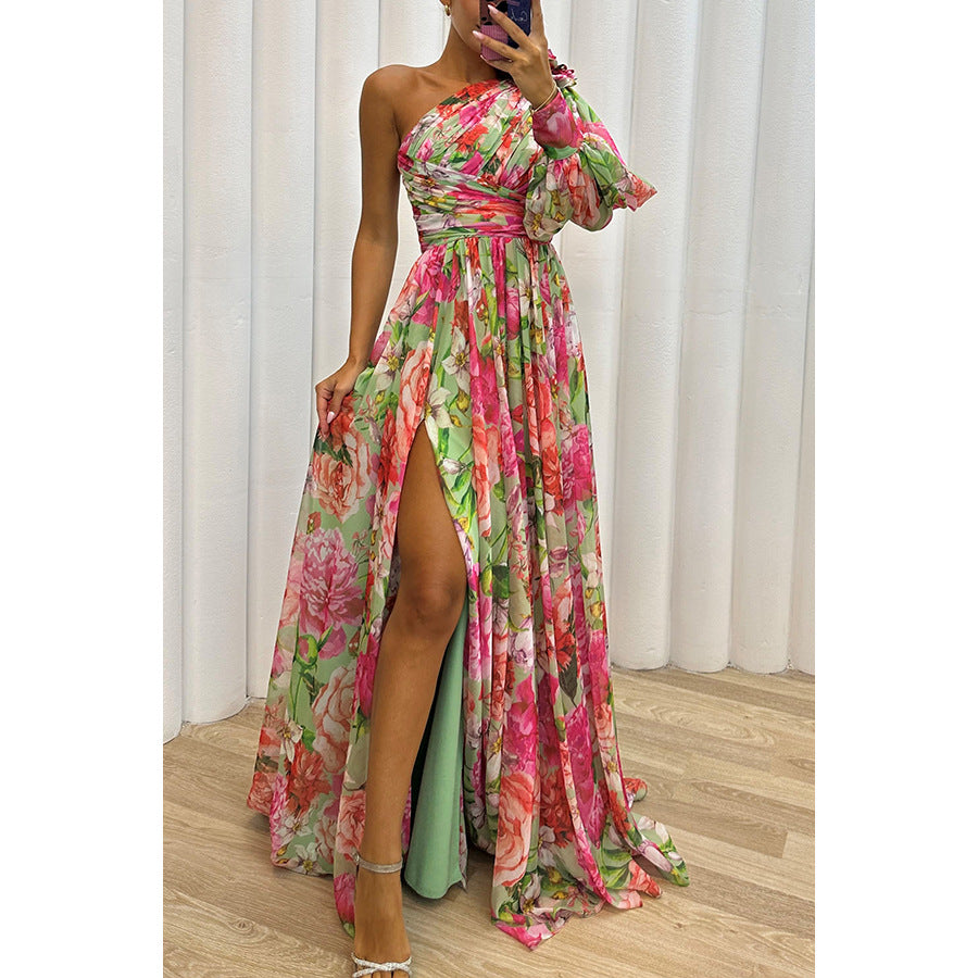 Printed One Shoulder High Split Maxi Dress Green