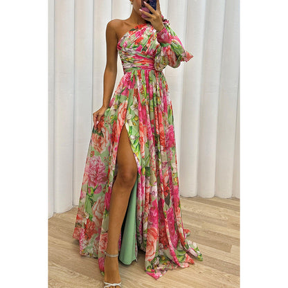 Printed One Shoulder High Split Maxi Dress Green