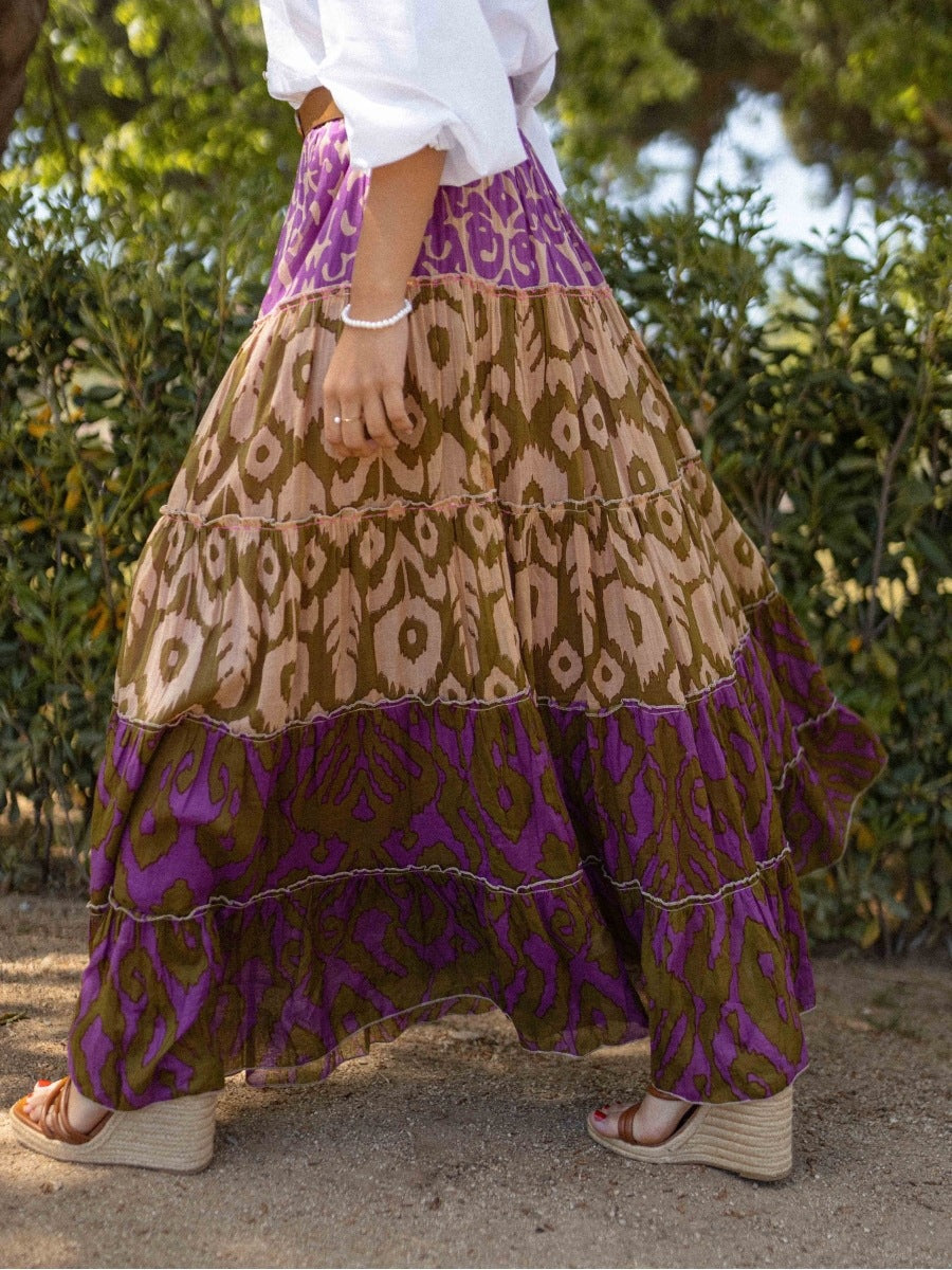 Women Skirt Printed Ruffled Swing Long Skirt Purple