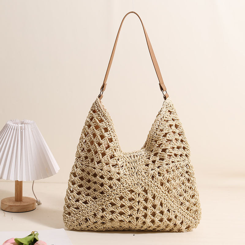 Casual Natural Cotton Shoulder Bag One Size Shaped Grandma Grid Pure Rice