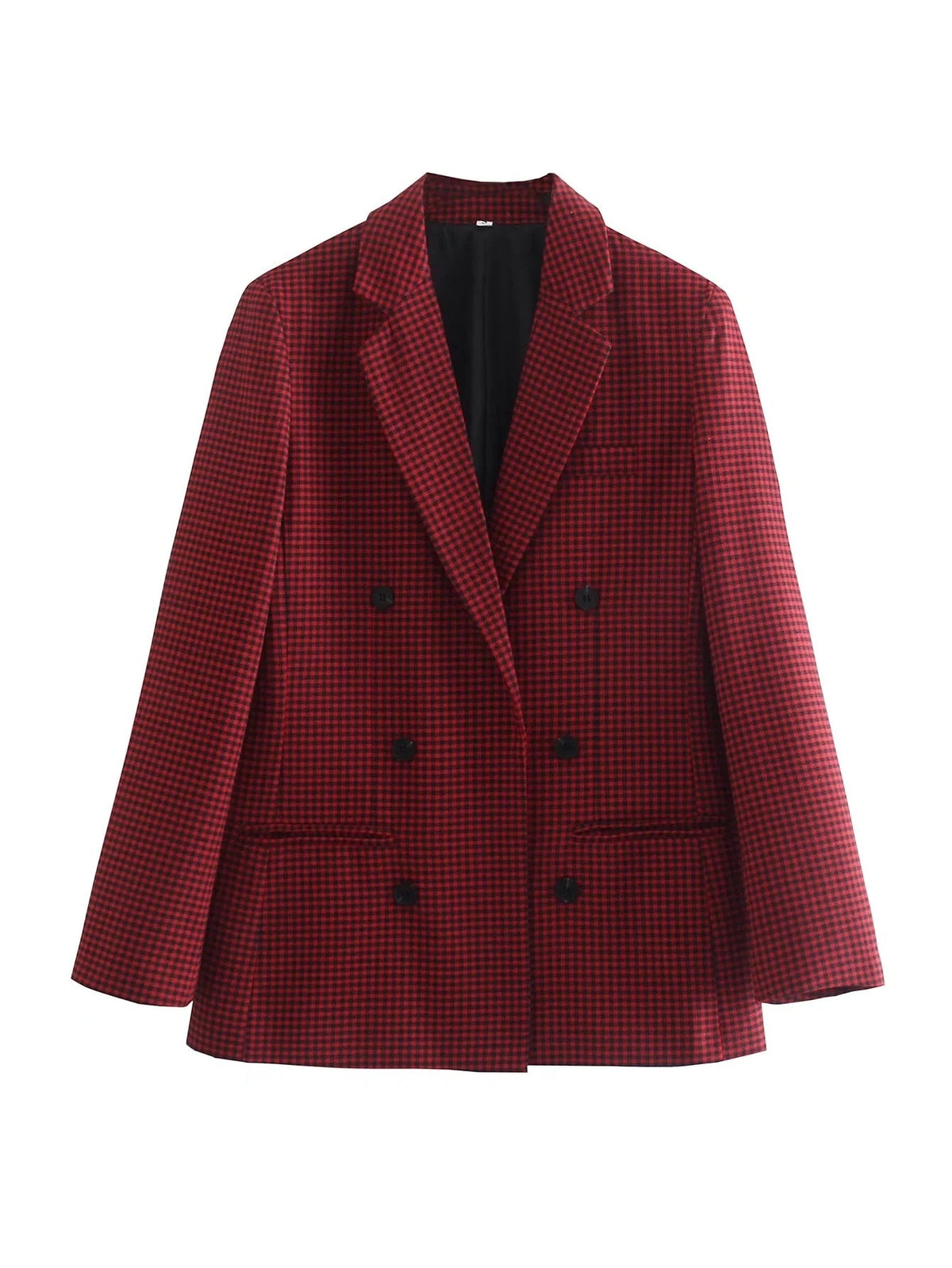 Vintage Single Breasted Long Sleeve Plaid Women Padded Shoulder Blazer Black and Red