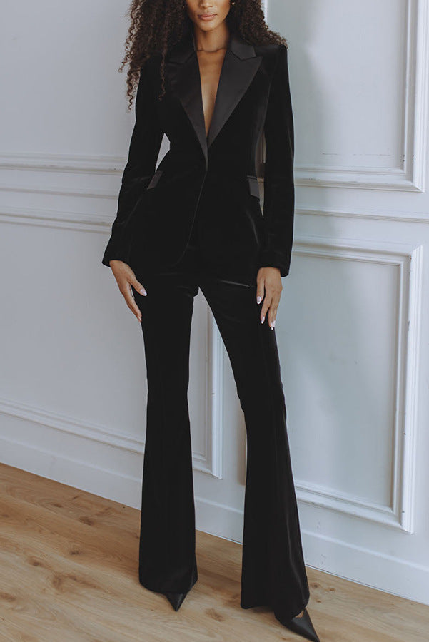 Clidress Lapel  Velet Blazer  Suit  & Loose Pants