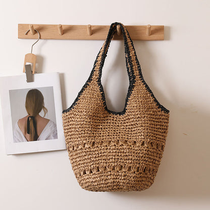 Large Capacity One Shoulder Straw Bag Casual One Size Black Side Double Handle Coffee