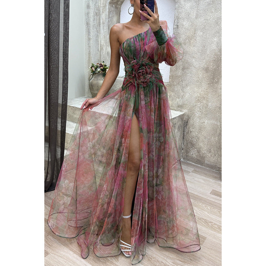 One Shoulder Chiffon Printed Gown Red