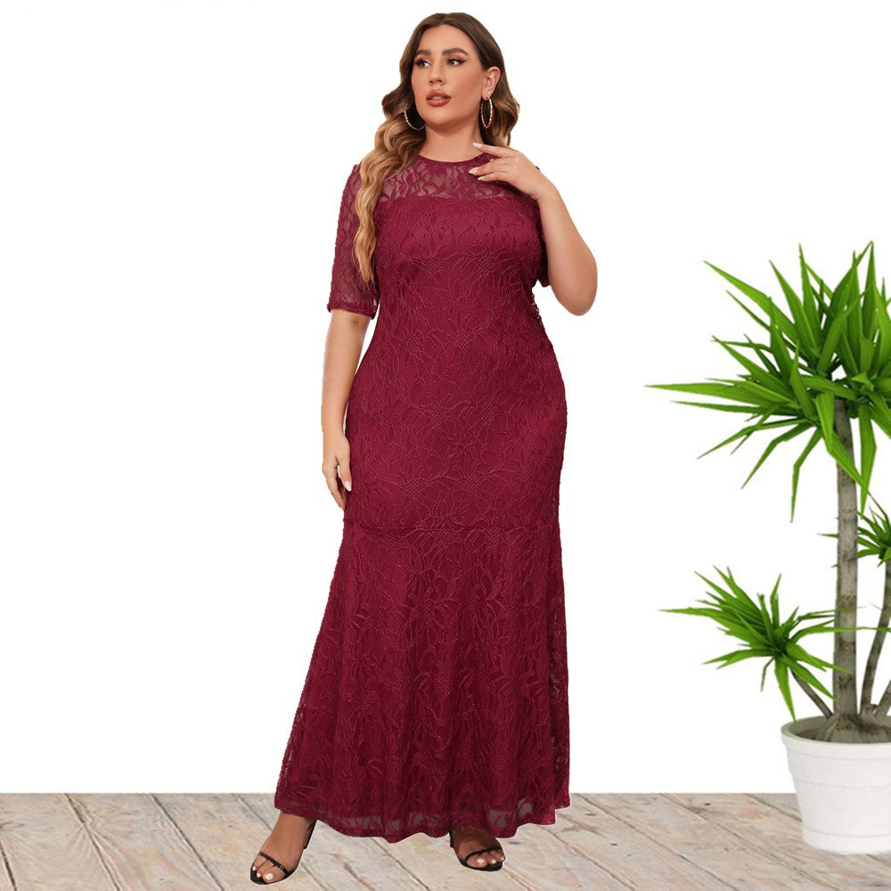 Elegant Lace Short Sleeves Maxi Dress Burgundy