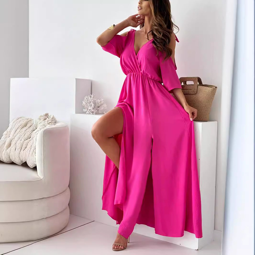 Solid Color Sexy Mid Length Dress Rose Red
