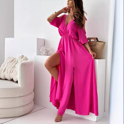 Solid Color Sexy Mid Length Dress Rose Red