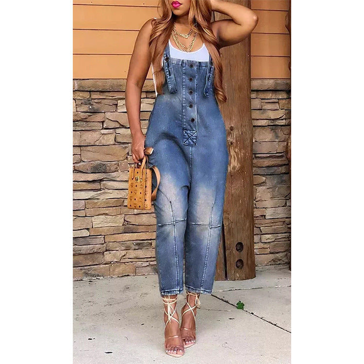 Capri Denim Overalls Navy Blue