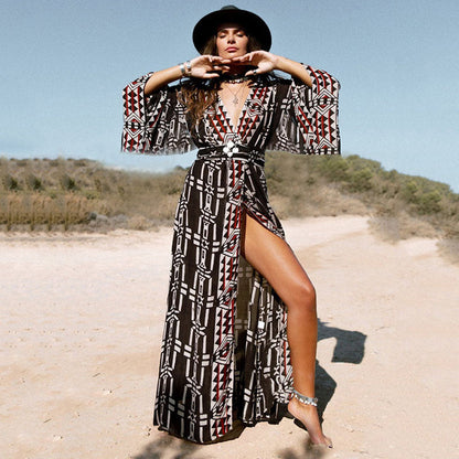Rayon Positioning Printing Beach Cover-up Sexy Cardigan Loose Vacation Sun Protection Shirt Dress One Size Multi