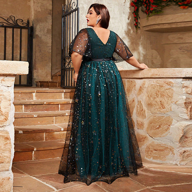 Plus Size Evening Dress Shiny Crystal Puff Sleeve V Neck Evening Dress