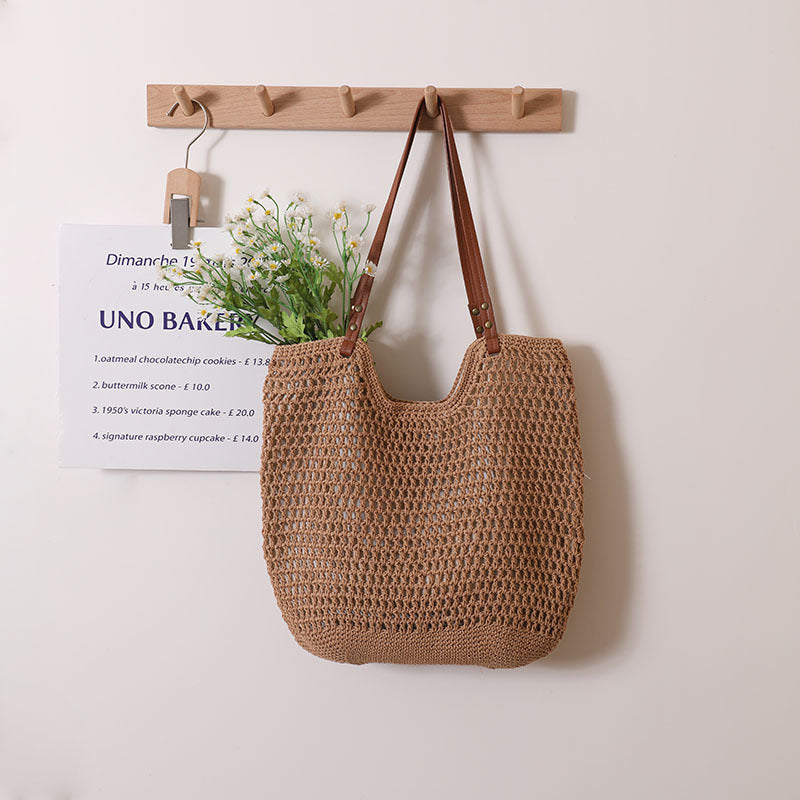 Casual Hollow Out Cutout Shoulder Bag Cotton One Size Cotton Thread Concave Bag Coffee Zipper
