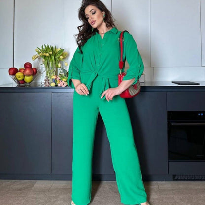 Loose Fit Long Sleeves Top Casual Set Green