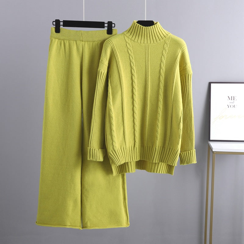 Mock Neck Cable Knitted Two Piece Set One Size Green