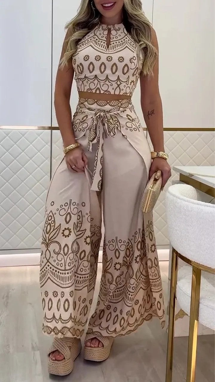 Boho Halter Top & Wide Leg Pants Two Piece Sets Apricot