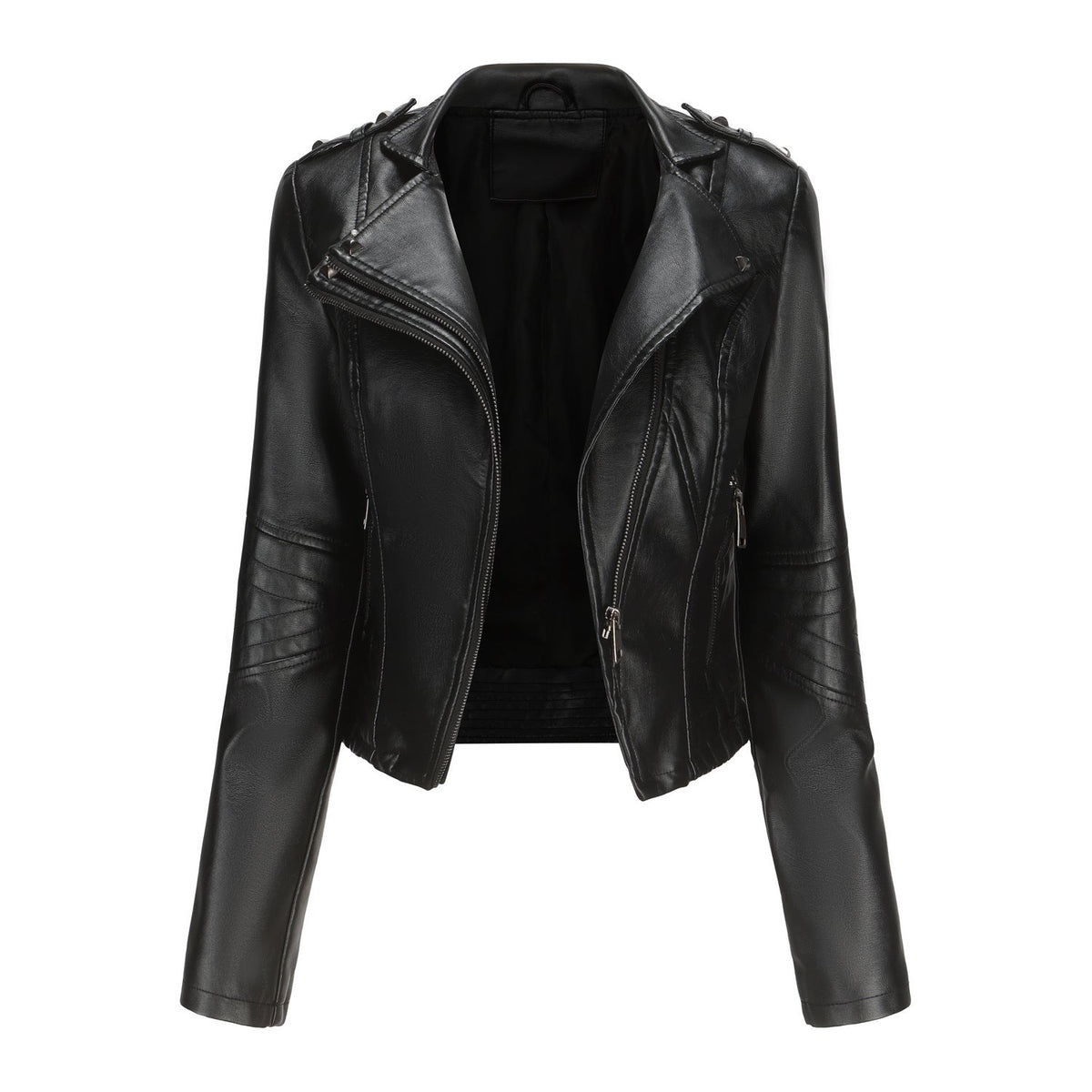 Slim Fit Long Sleeved Leather Jacket Black