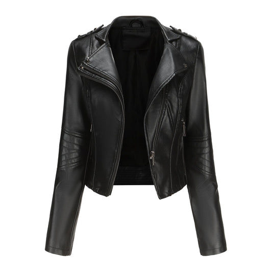 Slim Fit Long Sleeved Leather Jacket Black