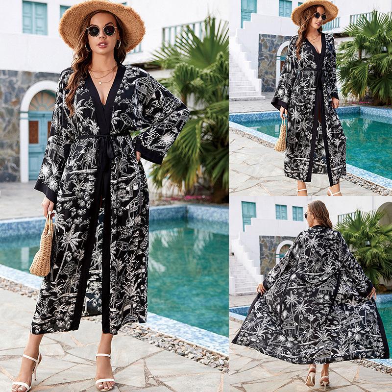 Black Edged Rayon Printed Beach Cover Up Sexy Cardigan Loose Bikini Cover One Size Coconut Tree