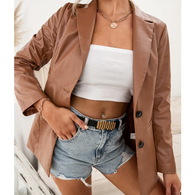 Faux Leather Slim Jacket Brown