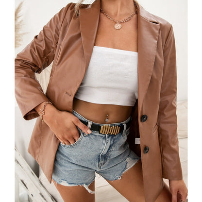Faux Leather Slim Jacket Brown