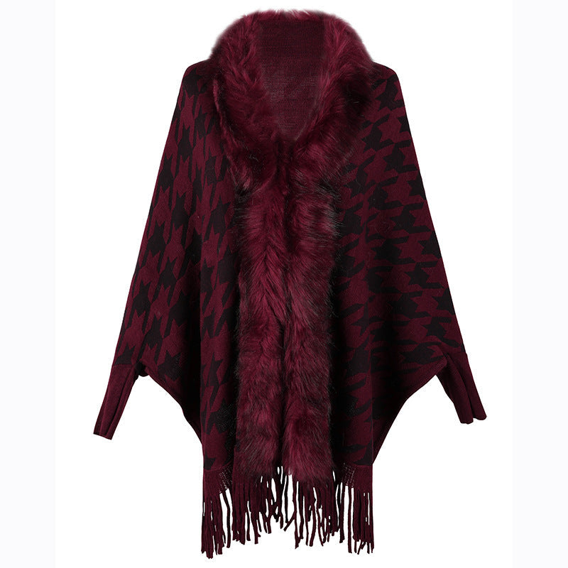 Tassel Cloak Houndstooth Fur Collar One Size Burgundy