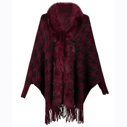 Tassel Cloak Houndstooth Fur Collar One Size Burgundy