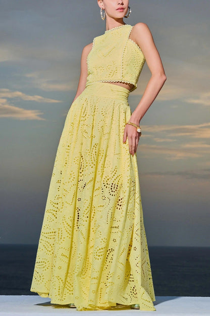 Spring Summer Sleeveless Long Skirt Pocket Set Casual Vacation Loose Two Piece Set Women Yellow Set