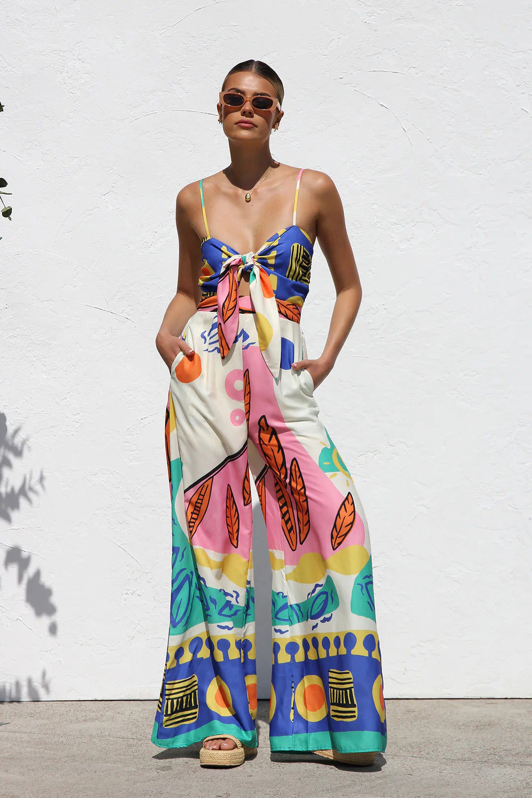 Spring Summer Printed Waist Controlled Smocking Strap Knotted Wide Leg Straight Jumpsuit Multi