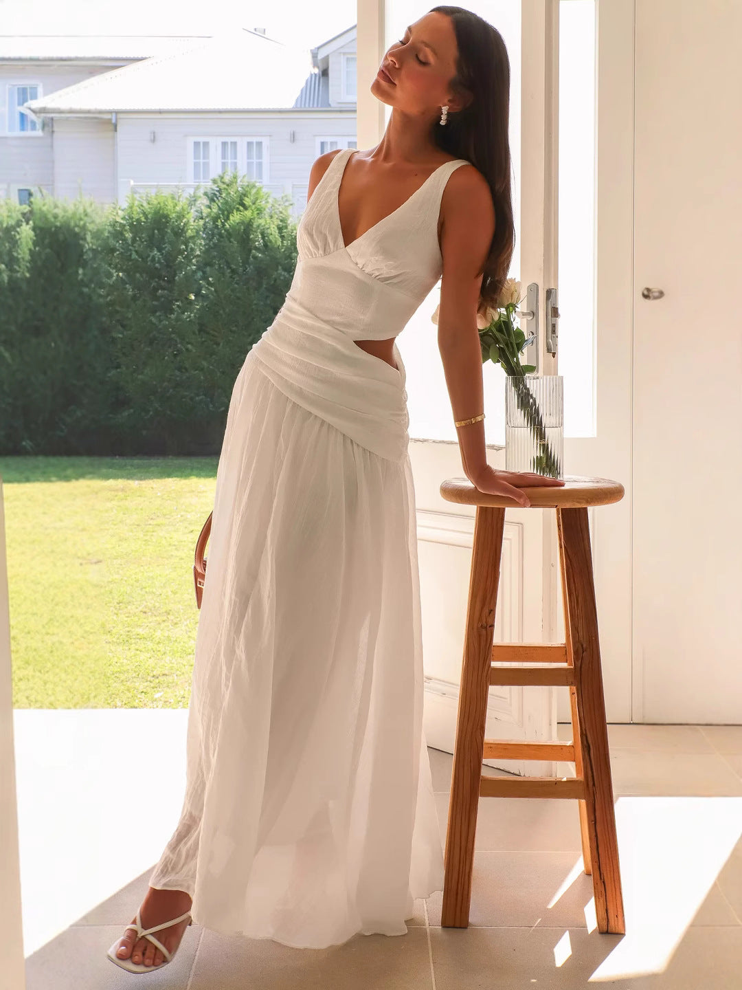 V neck Sleeveless Solid Color Maxi Dress White