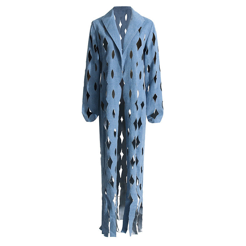 Denim Ripped Tassel Long Coat Blue