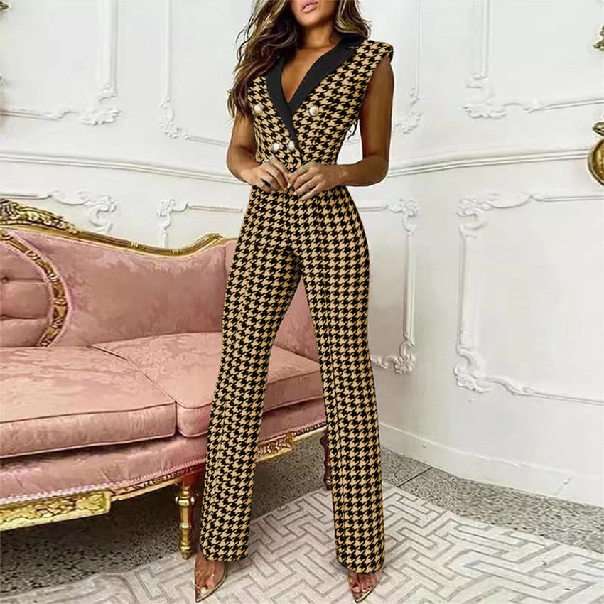 V-neck Sleeveless Houndstooth Jumpsuit Houndstooth-Khaki
