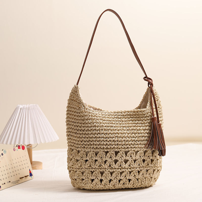 Crochet Casual Handbag One Size Peach Heart Tassel Rice