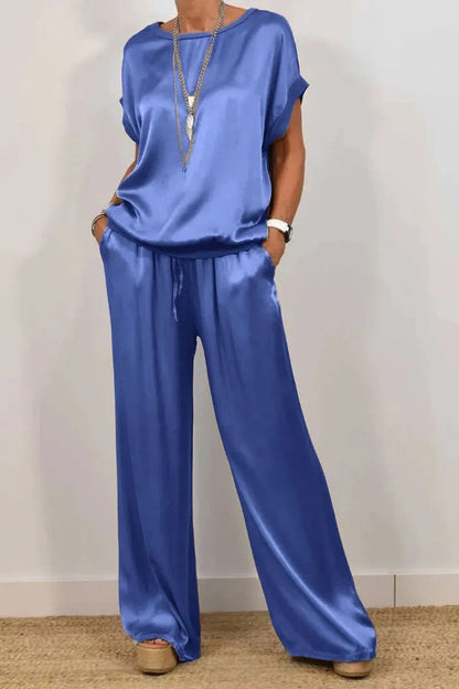 Trendy Loose Shirt & Wide Leg Pants Sets Blue