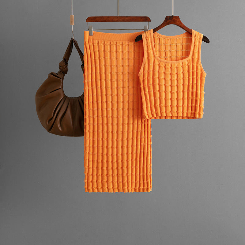 Women Summer Women Sleeveless Vest Top Skirt Knitted Two Piece One Size Orange
