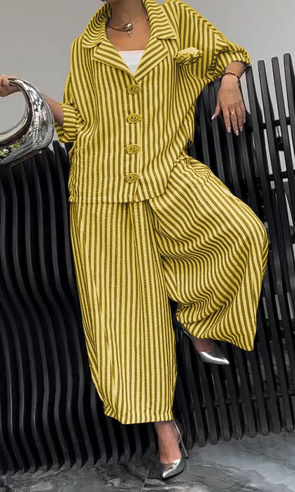 Wide Leg Pinstripe Loose Casual Sets Yellow