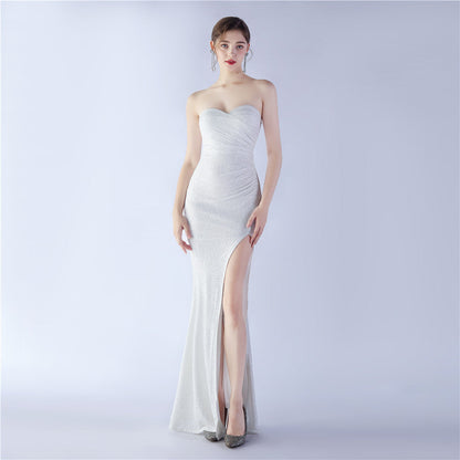 Sequined Strapless Evening Dress White