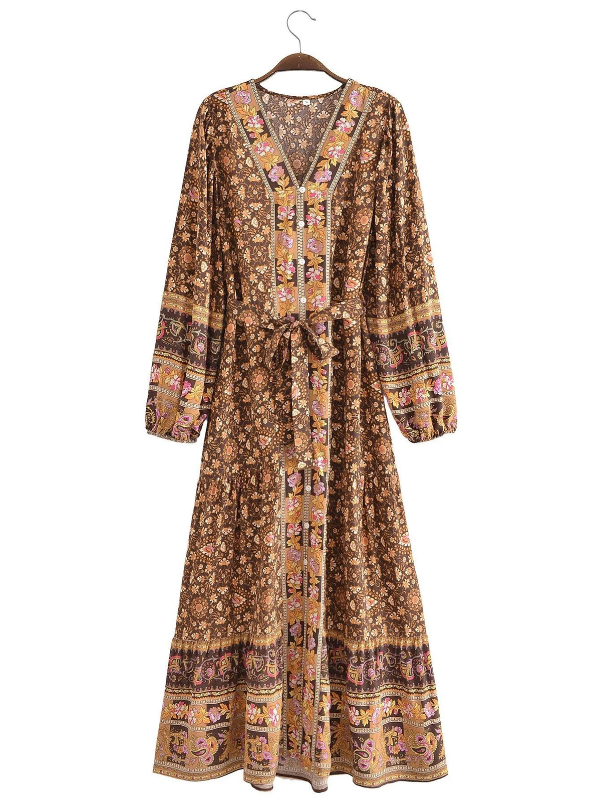 Autumn Casual Women Printed Cardigan Long Sleeve Belt Dress Coffee