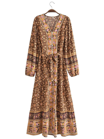 Autumn Casual Women Printed Cardigan Long Sleeve Belt Dress Coffee